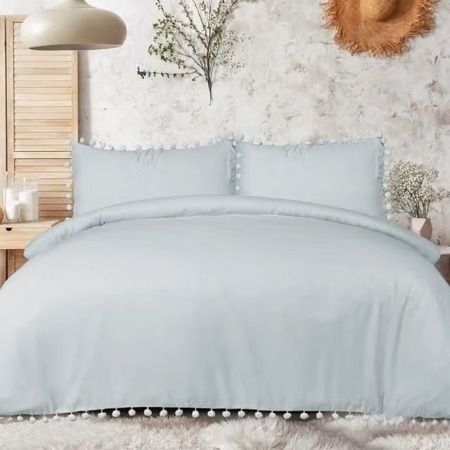 Smart Living Luxury Super Soft Pom Pom Duvet Cover and Pillowcases in Duck Egg Blue, Size: Super King, W x D: 200 x 200 cm