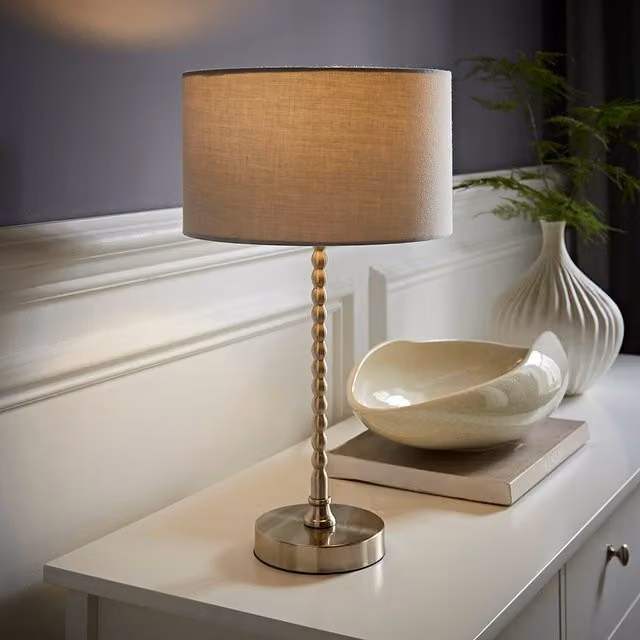 ValueLights Maeve Brushed Chrome Bobble Table Lamp with Grey Fabric Drum Shade