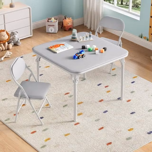 London Boutique 3-Piece Kids Folding Dining Table and 2 Upholstered PU Leather Chairs in Grey