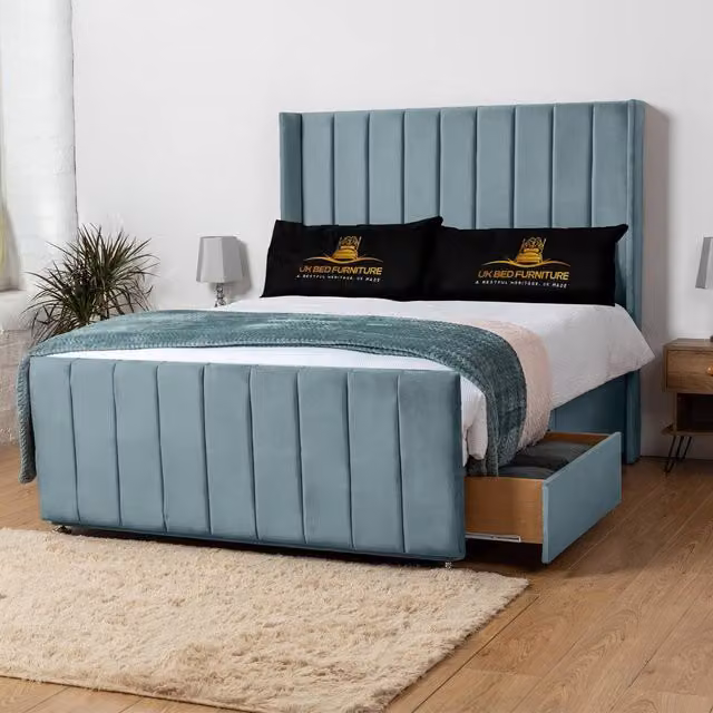 UK Bed Furniture Seoul Wingback Divan Bed with 54 Inch Headboard and 2 Drawers in Light Blue Velvet, Size: 180 x 200 cm