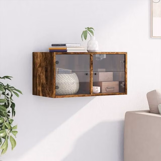 Berkfield Home Wall Mounted Cabinet with Glass Doors in Smoked Oak Brown, W/D/H: 68.5 x 37 x 35 cm – 1