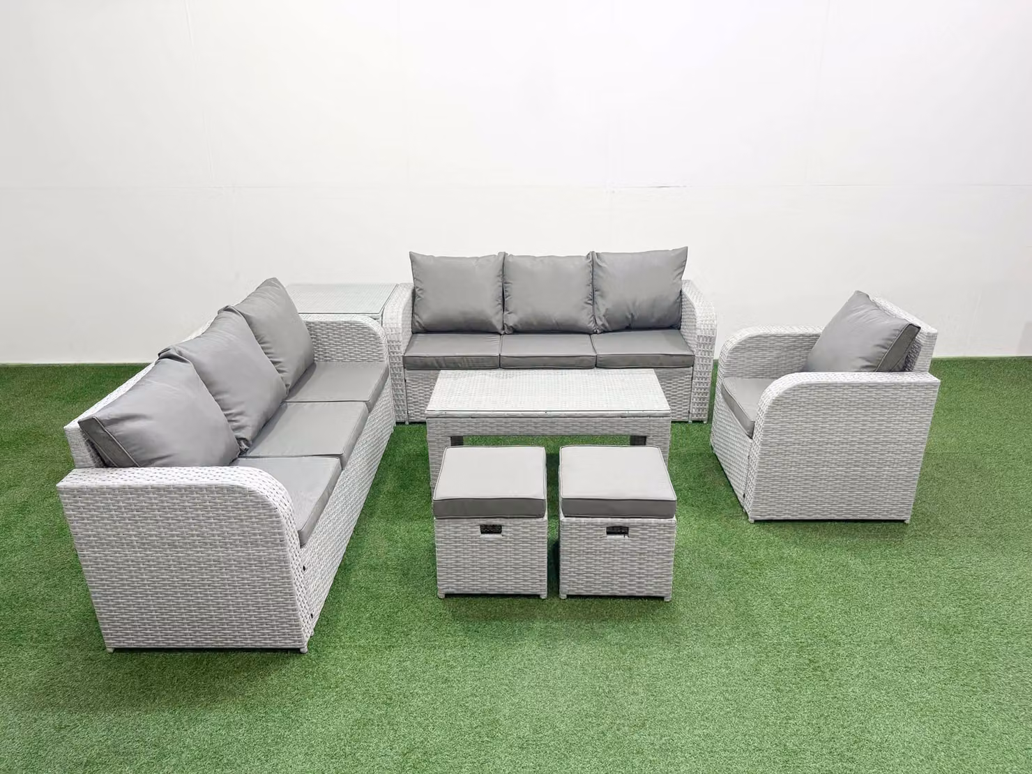 Fimous 9 Seater Poly Rattan Outdoor Garden Furniture Set in Grey with Oblong Coffee Table, 3 Seater Sofas, Reclining Chairs, Stools and Ottoman