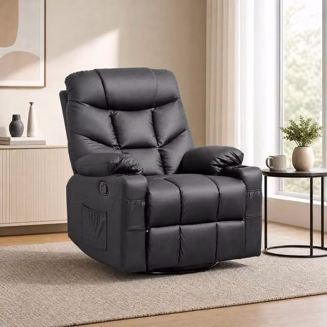 STILVORA Black Synthetic Leather Recliner Armchair with Swivel and Cup Holders – 1