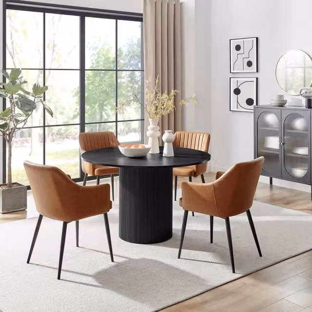 FurnitureboxUK Penrose Black Round Dining Table and 4 Calla Tan Faux Leather Chairs, Diameter: 120 cm – 1