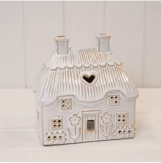 KDMD Natural Ceramic Thatch Roof Tealight House in Beige and White