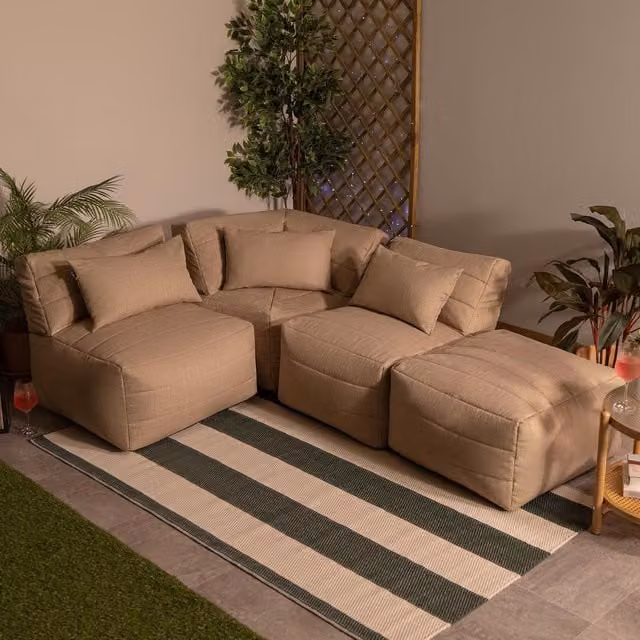 Icon Noa 4-Piece Outdoor Woven Furniture Set in Natural with Beige and Yellow Weatherproof Cushions