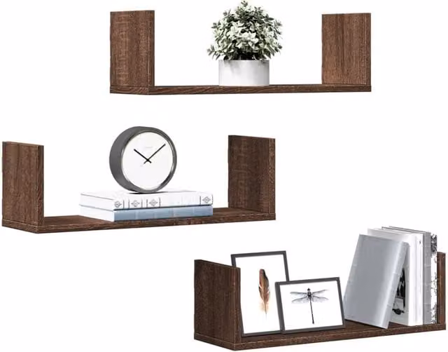 Berkfield Home Set of 3 Wall Mounted Shelves in Brown Oak, W: 58 cm, D: 18 cm, H: 18 cm