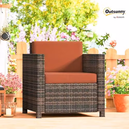 Outsunny Rattan Garden Armchair with Cushions in Brown and Orange – 2