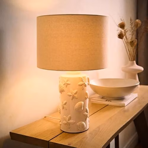 ValueLights Selene Ceramic Embossed Seashell Table Lamp with Beige Linen Shade – 2