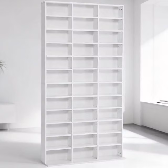 ERGOVEXA White Wooden Display Shelving Unit with Adjustable Shelves and Media Compartments, H 195 x W 102 x D 23.5 cm