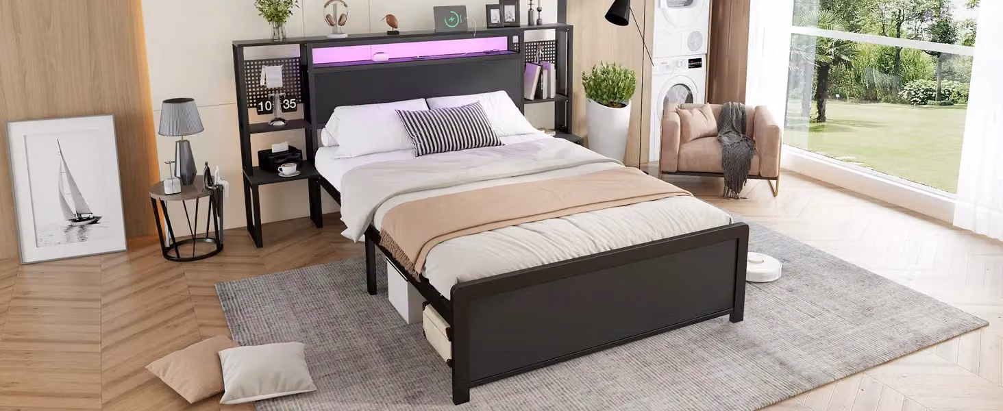 Matteo Metal Double Bed in Black with Multi-Colour LED Strip Lights, USB Charging Port and Side Compartments, W/D/H: 140 x 200 cm – 4