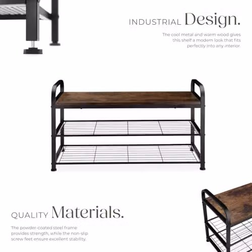 tectake 3-Tier Industrial Shoe Rack with Metal Frame and MDF Shelves, Black and Brown, W/D/H: 91 x 36 x 55 cm – 3