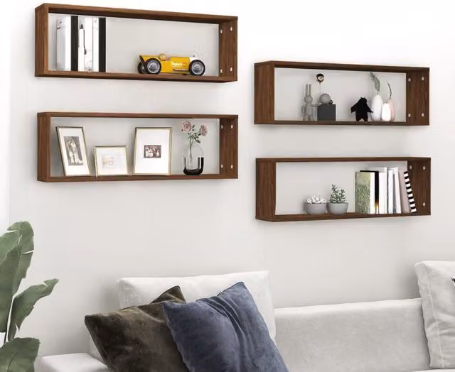 Berkfield Home Wall Mounted Cube Shelves, 4 Piece Set in Brown Oak, W: 80 cm, D: 26.5 cm, H: 15 cm – 1