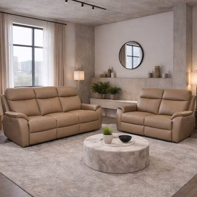 Aspire Kingsmere 3 + 2 Power Recliner Sofa Set in Real Leather, Beige
