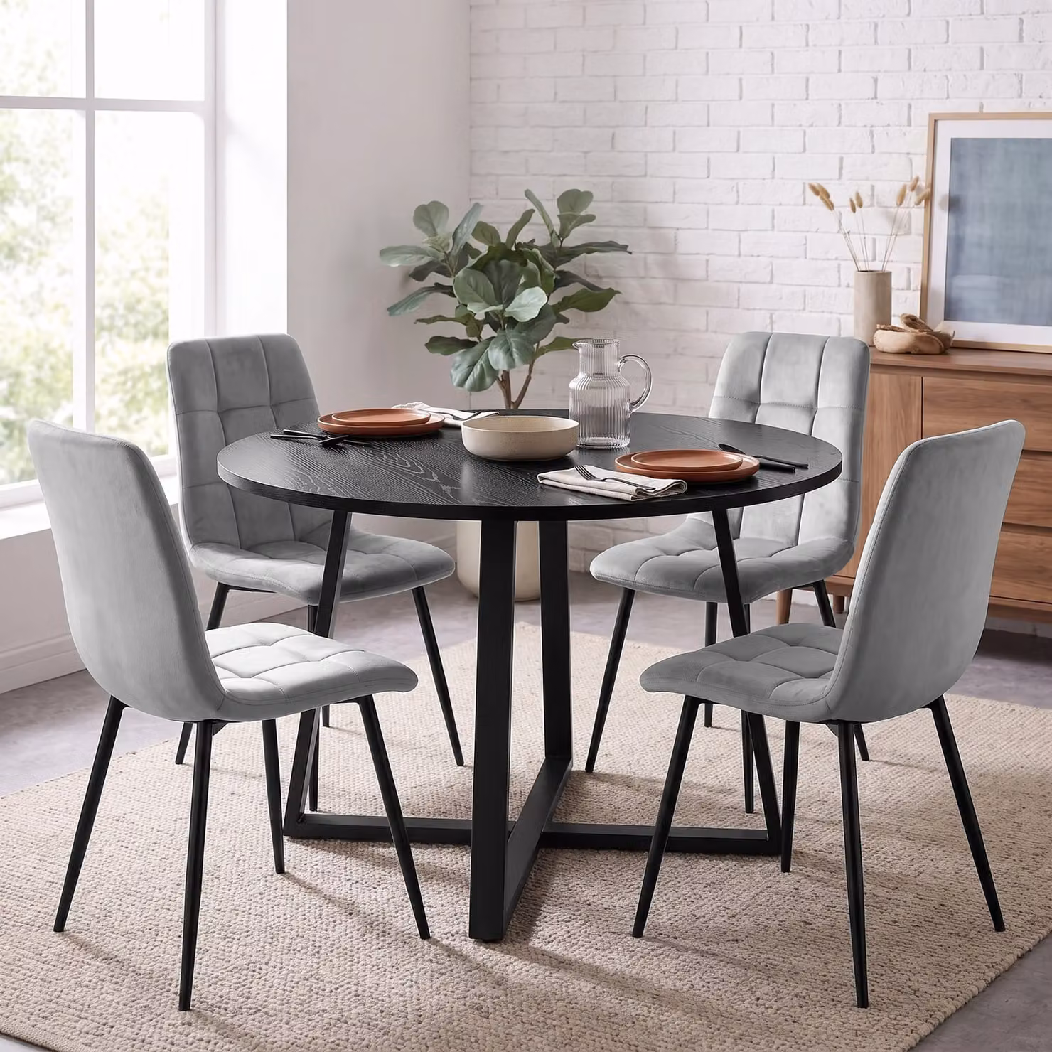 DHS Kyvon Round Dining Table Set with 4 Chairs in Black and Light Grey