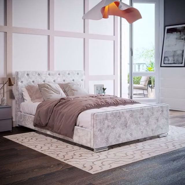 Vida Designs Modern Upholstered Fabric Bed in Silver Velvet