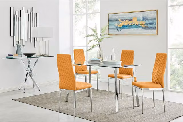 FurnitureboxUK Cosmo Chrome Metal and Glass Kitchen Dining Table with 4 Milan Dining Chairs in Yellow