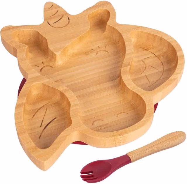 Tiny Dining Bamboo Divided Toddler Weaning Plate and Fork Set, Unicorn Design, Red and Brown