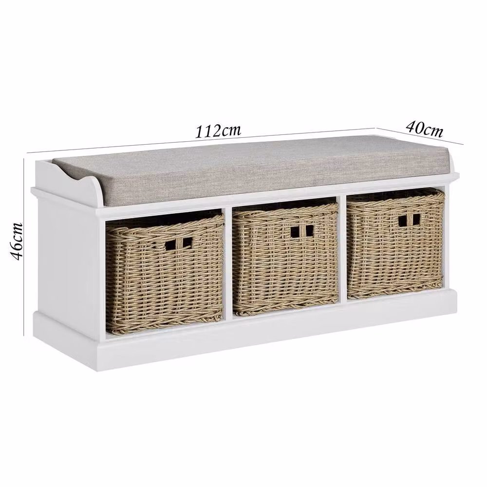 Statement Furniture Tetbury White Hallway Storage Set with Hanging Shelf, Bench, 3 Faux Wicker Baskets, 5 Hooks and Grey Fabric Cushion, W/D/H: 112 x 40 x 46 cm – 2