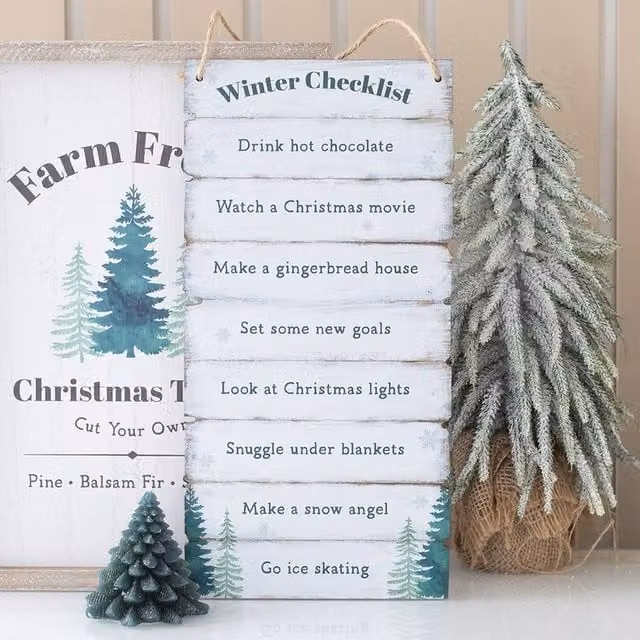 Uniqueful Winter Wonderland Checklist Hanging Sign, Multicolour and White Wood Rectangular Pendant, W/H: 15 x 15 cm