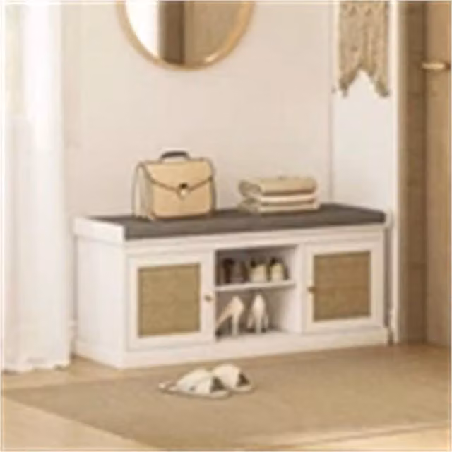 Nordara White Rattan and MDF Shoe Storage Bench with Fabric Padded Cushion – 1
