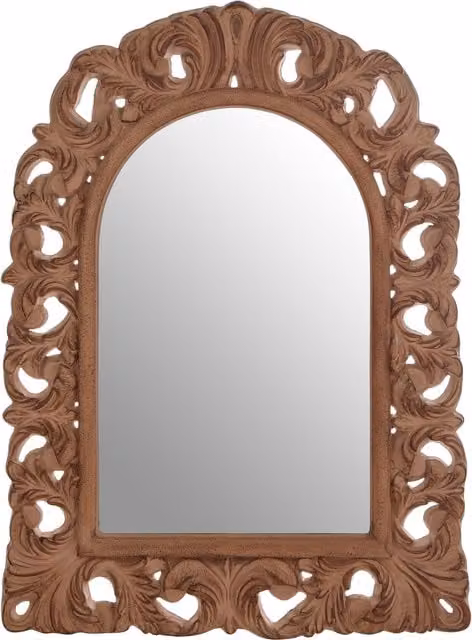 Orsina Antique Brown Arc Leaf Wall Mirror with Floral Fleur-de-Lis Details – 1