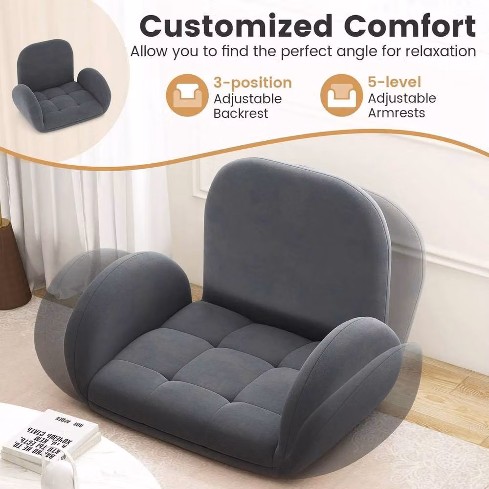 NESTLUNE Adjustable Reading Nook Recliner Lounge Chair in Grey with Metal Frame and Armrests – 5