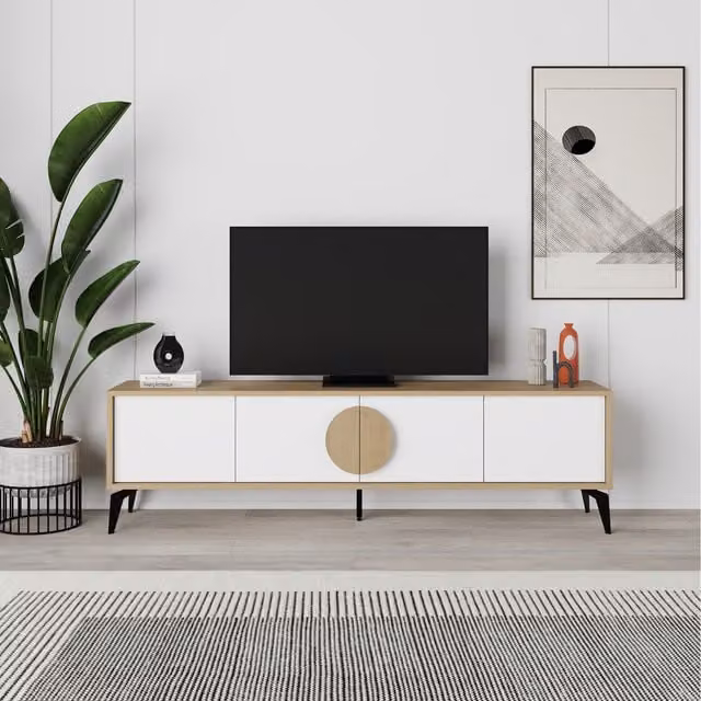 Decortie Modern TV Unit with 4 Doors in Oak and White, W/D/H: 180 x 50.8 x 35.7 cm