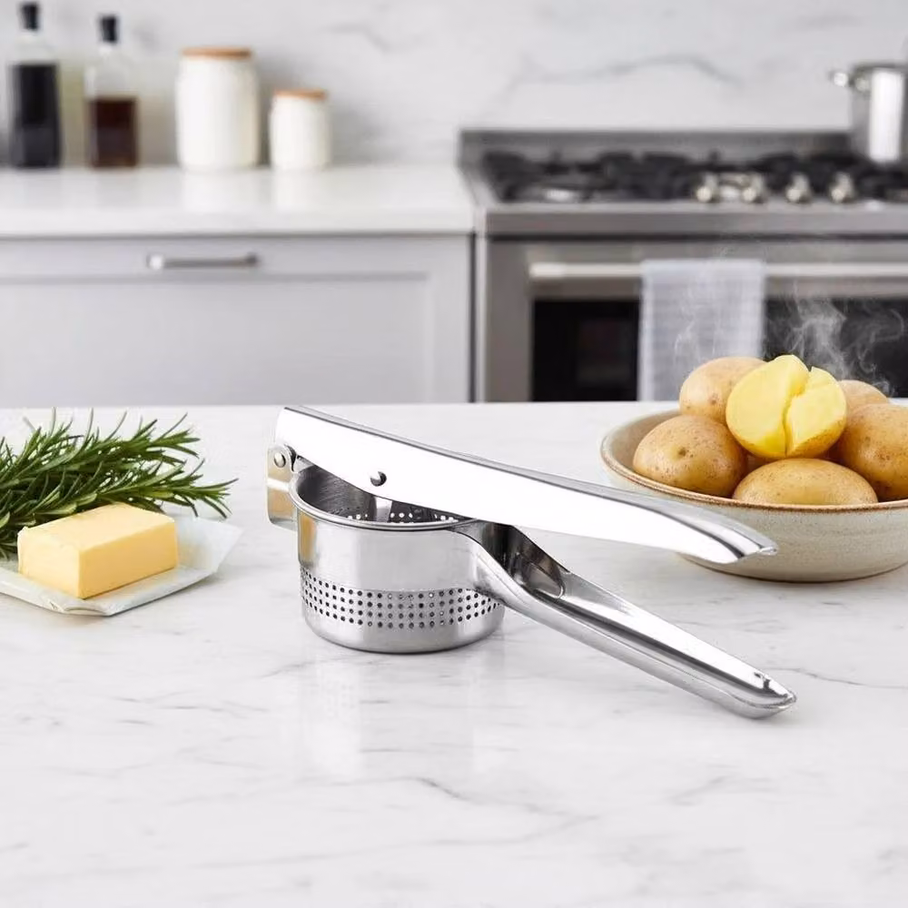 VOGREX Stainless Steel Potato Ricer and Fruit Press Masher in Silver with Ergonomic Grip – 4