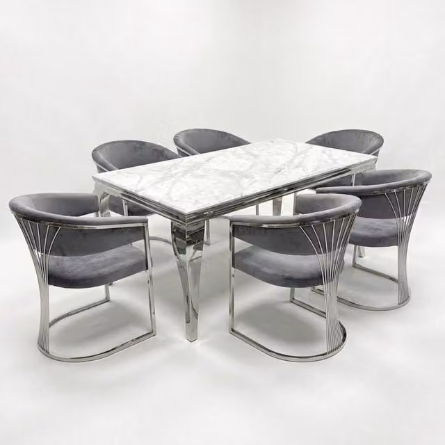 Home Luxe Interior Grey Marble and Silver Rectangular Dining Table with 6 Porado Grey Chairs, Width: 160 cm