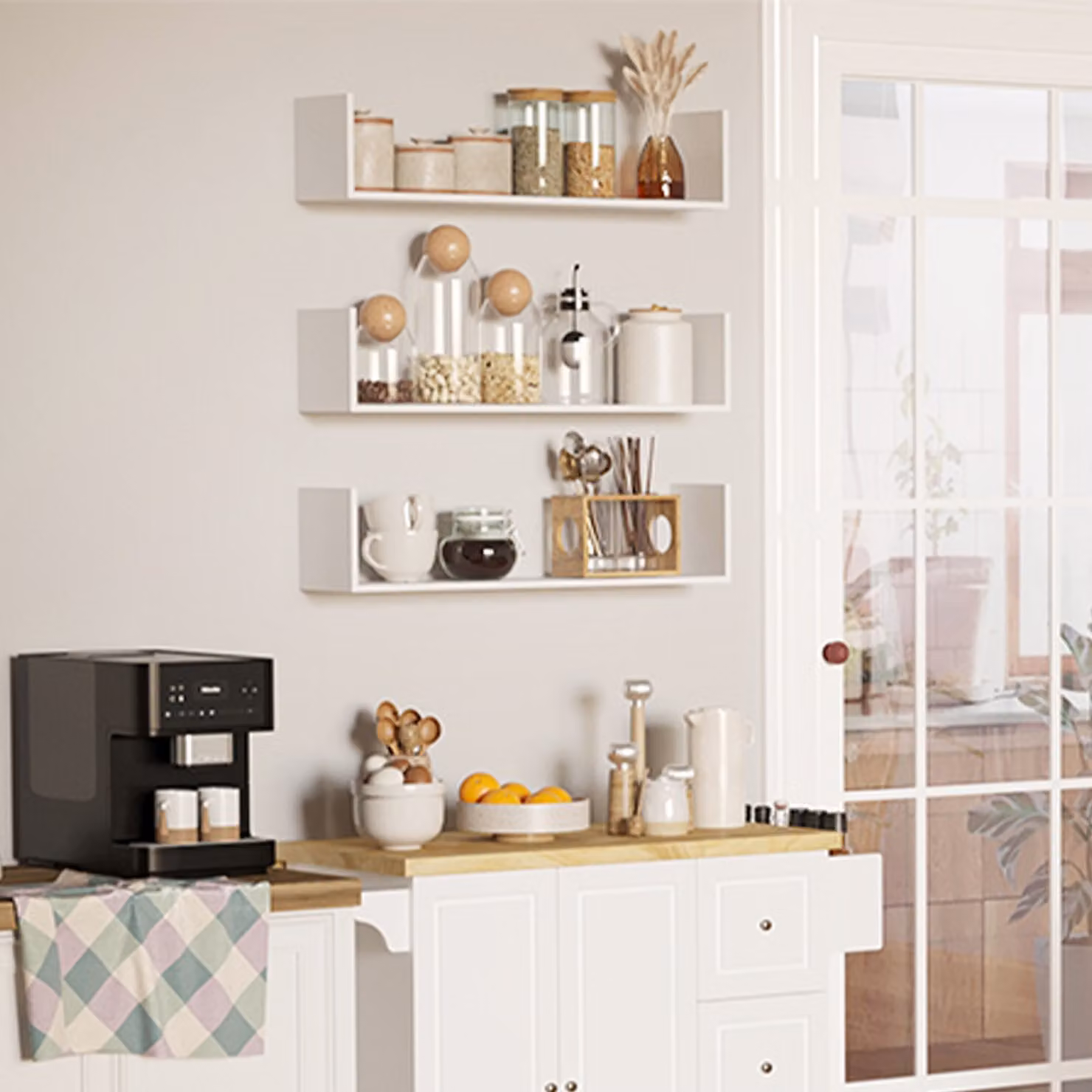 HOMCOM Set of 3 White Wooden U-Shaped Floating Shelves for Wall Mounted Storage and Display – 2