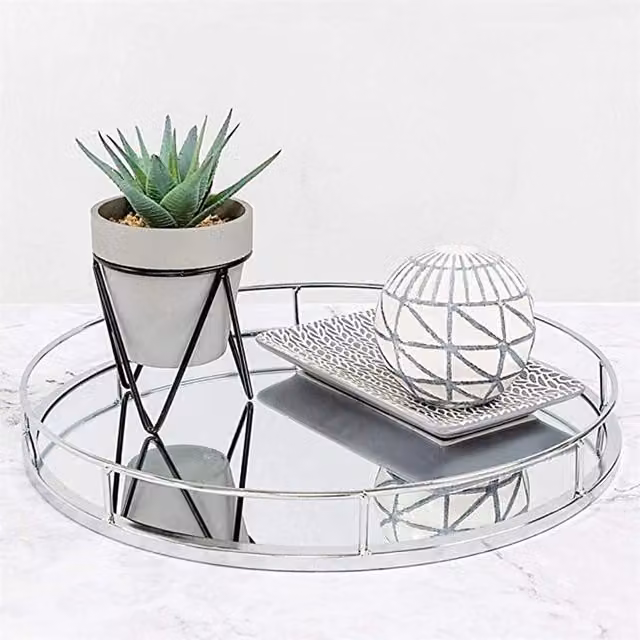 DEENZ Modern Round Silver Metal Mirror Tabletop Tray