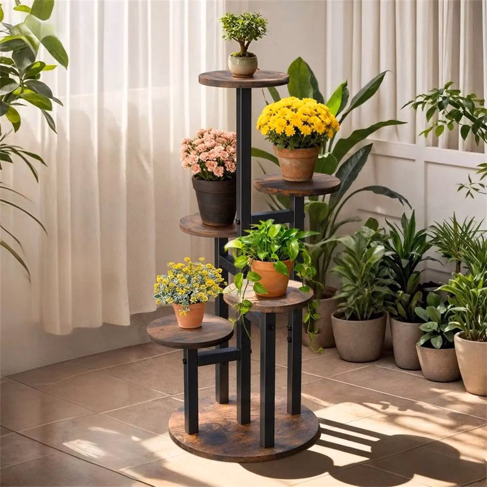 EONLION Round Tall Plant Stand in Brown Vintage Metal and Wood – 3