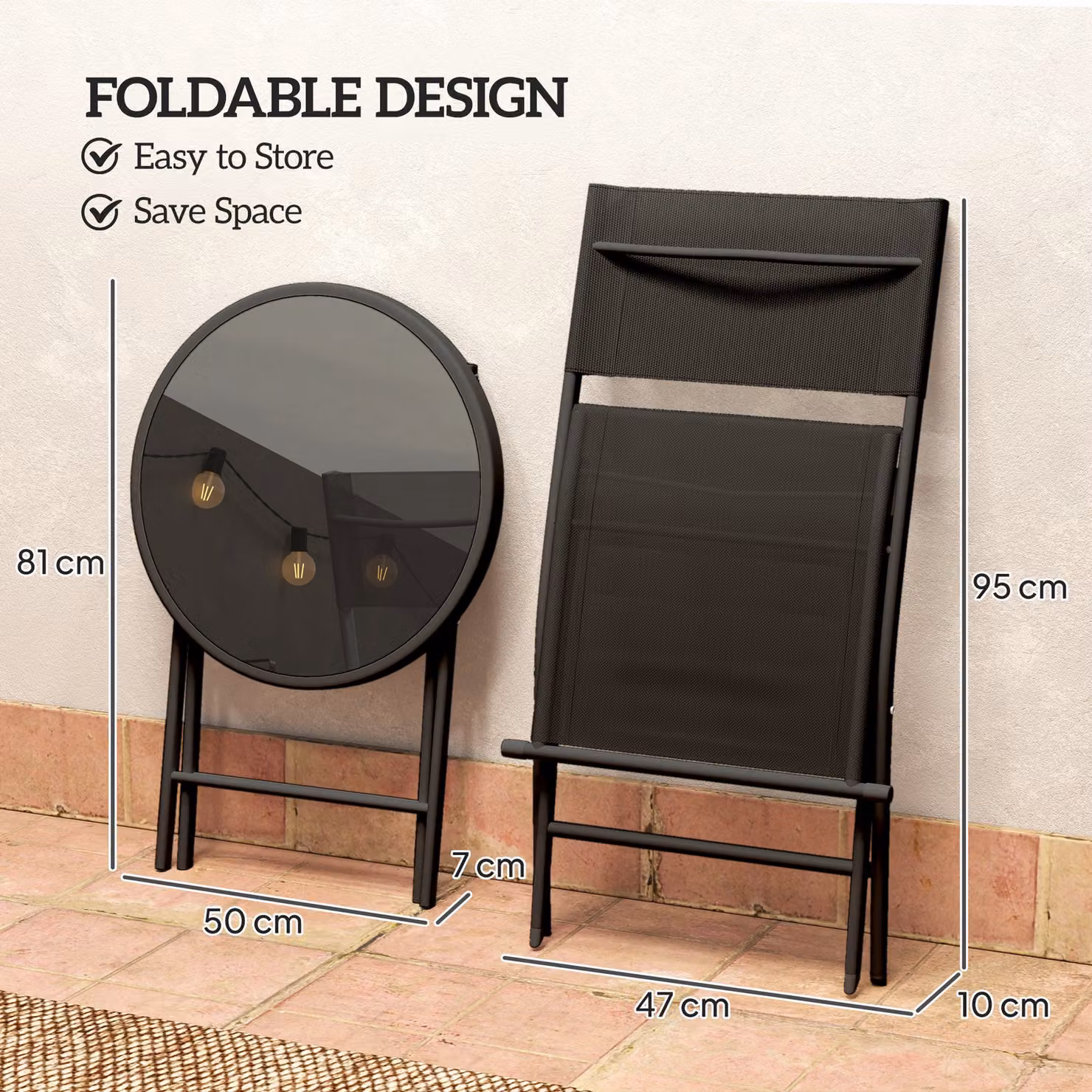 Outsunny 3 Piece Outdoor Bistro Set with Round Glass Top Table and 2 Folding Chairs in Black – 4