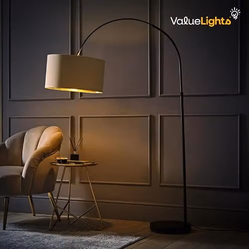 ValueLights Louis Black Metal Arched Floor Lamp with Gold Fabric Drum Shade – 2