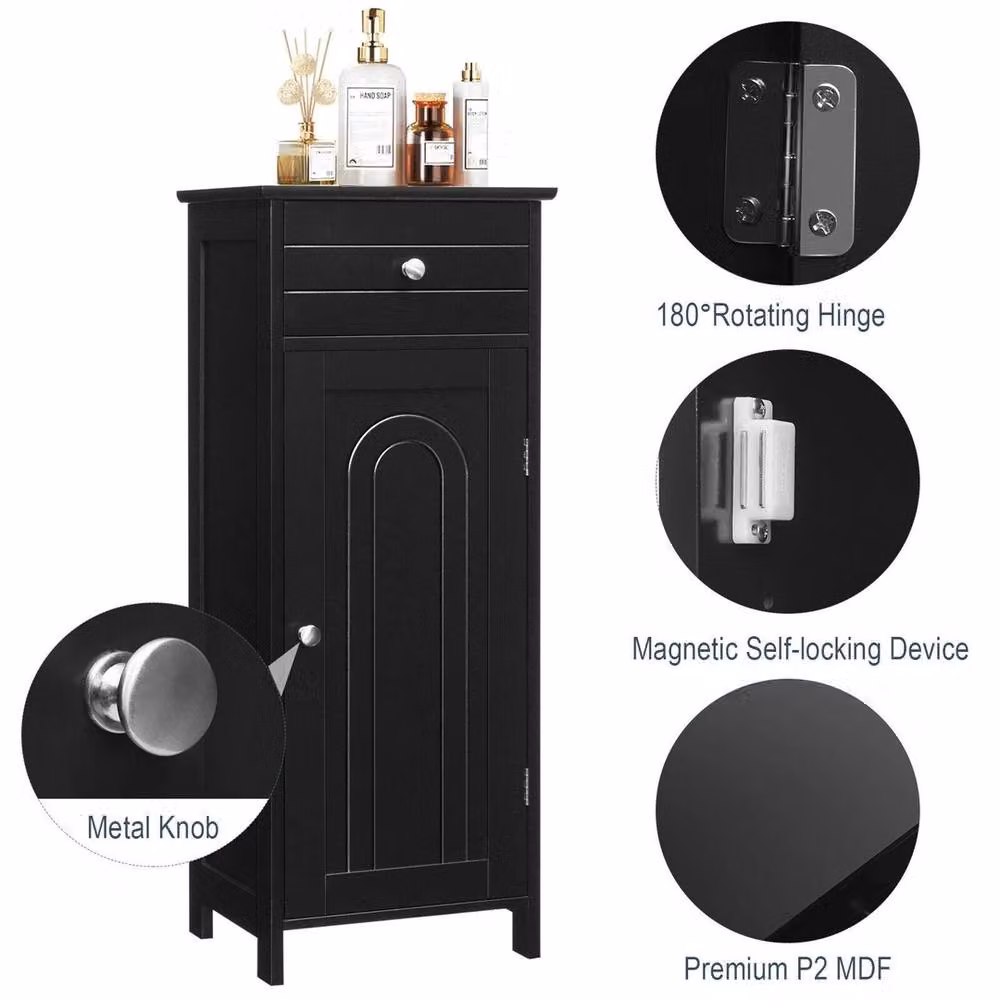 VOGREX Black Wooden Single-Door Freestanding Bathroom Storage Cabinet with Internal Shelves – 5
