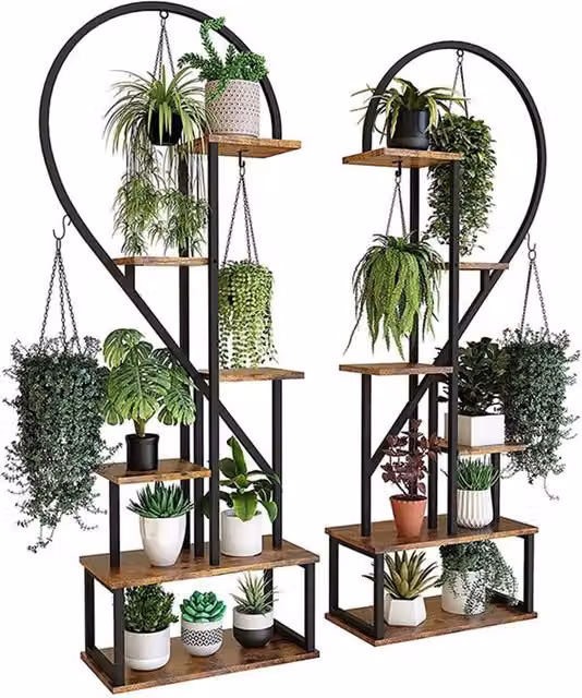 Havendro 2-Piece XL Black Metal and Wood Hanging Plant Rack for Outdoor Gardens and Terraces