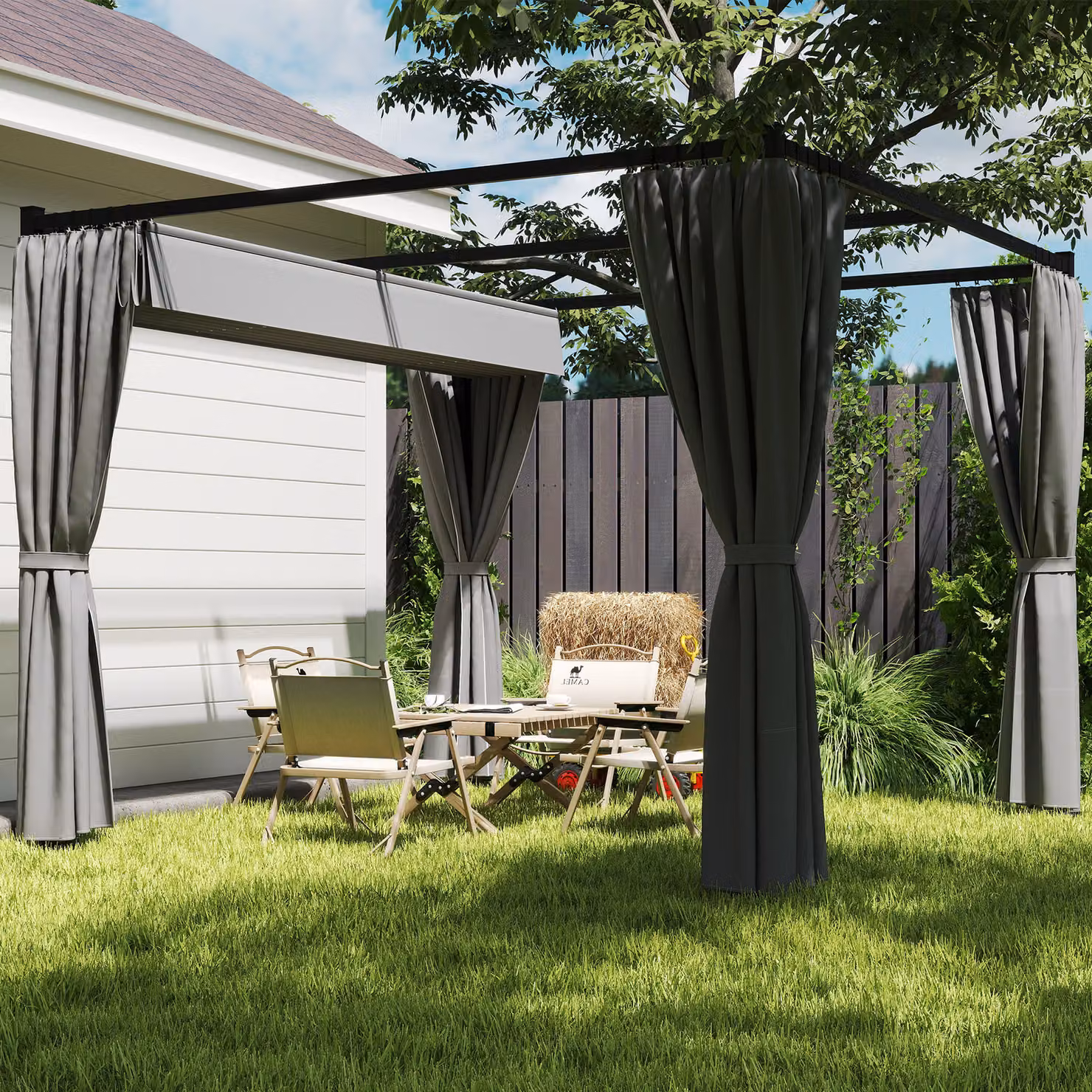 Outsunny Retractable Pergola Garden Gazebo Shelter with Curtains, Light Grey, W: 300 cm, D: 300 cm, H: 227 cm – 9