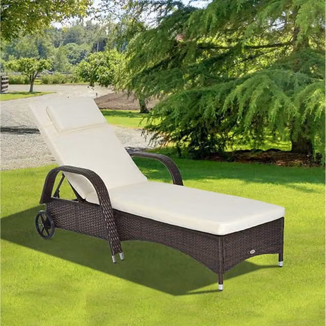 Outsunny Adjustable Rattan Sun Lounger with Weatherproof Cushion and Castors, Brown and Beige