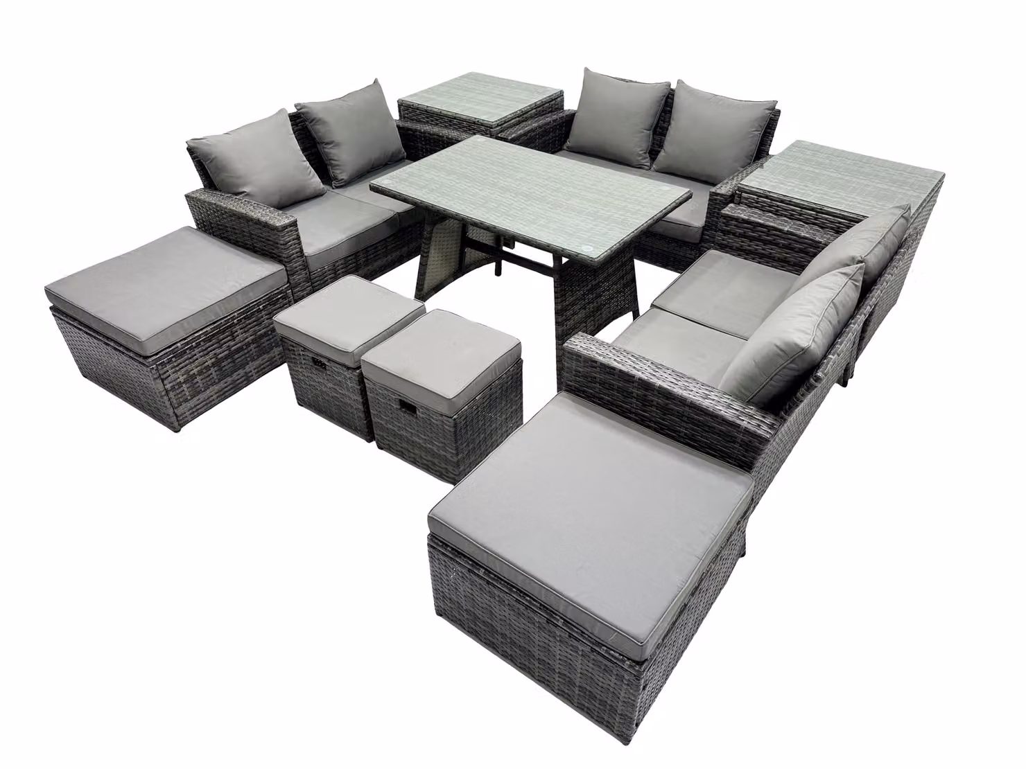 Fimous 10 Seater Outdoor Dining Set with Double Seat Sofa, 4 Stools and 2 Side Tables in Dark Grey – 2