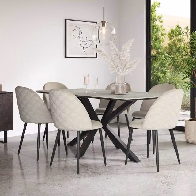 More4Homes Juno Light Grey Ceramic Rectangular Dining Table and 8 Raye Beige Velvet Chairs W/D/H: 180 x 90 x 75 cm