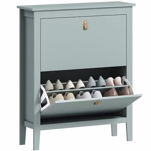 HOMCOM Green Modern Shoe Cabinet with 2 Drawers and Tilting Compartments, W/D/H: 80 x 24 x 95.5 cm – 1