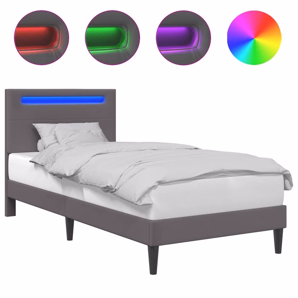 Berkfield Home Grey Faux Leather Bed Frame with LED Strip Lights and USB Charging Port, W/D/H: 90 x 190 cm – 2