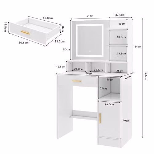 MCC Direct White Modern Dressing Table with Hollywood LED Mirror and Storage W/D/H: 140 x 80 x 40 cm – 2