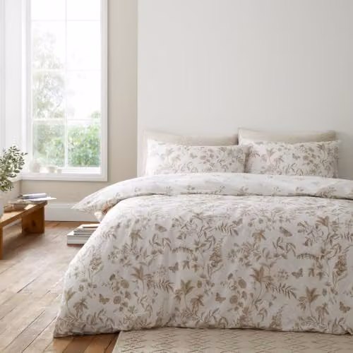Bianca Thea Floral Reversible Cotton Percale Duvet Cover and Pillowcase Set in Beige, W/D/H: 200 x 200 cm and 50 x 75 cm