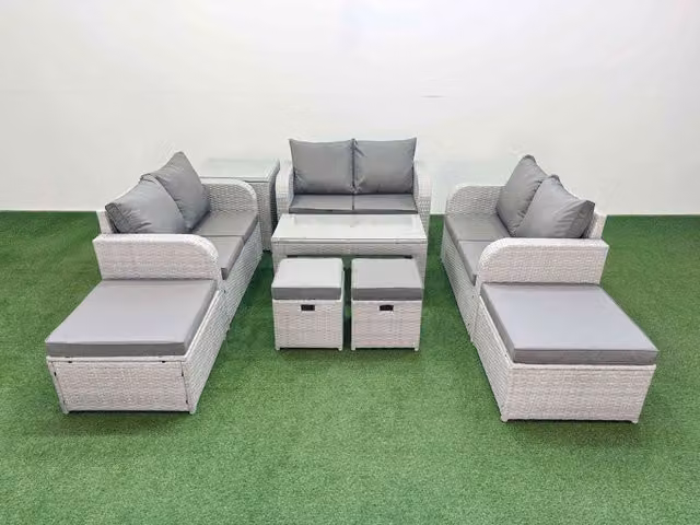 Fimous PE Wicker Rattan Garden Furniture Set with Love Sofa and Coffee Table in Light Grey
