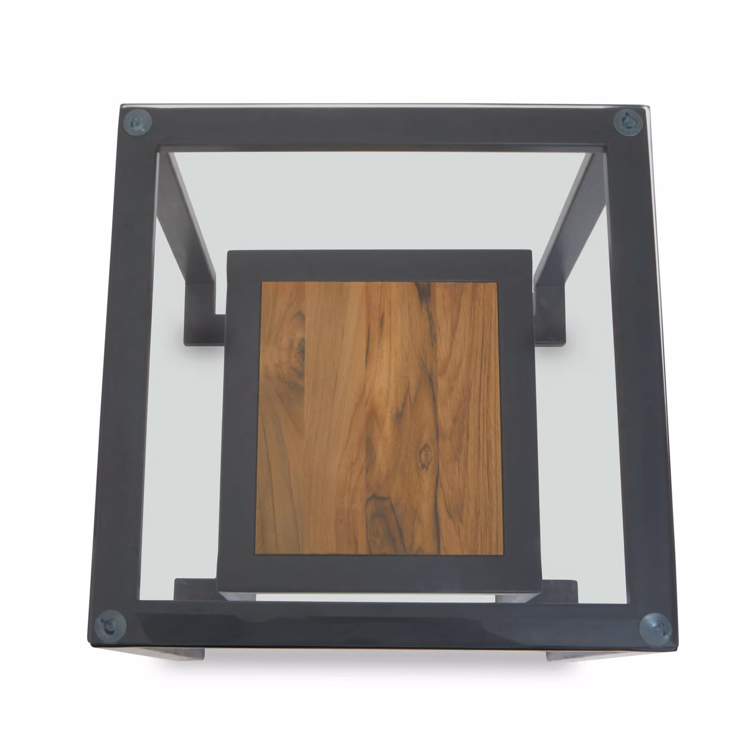 Fifty Five South Orsina Roman Square Side Table with Transparent Glass Top, Teak Wood Shelf and Black Metal Frame, W/D/H: 50 x 50 x 50 cm – 2