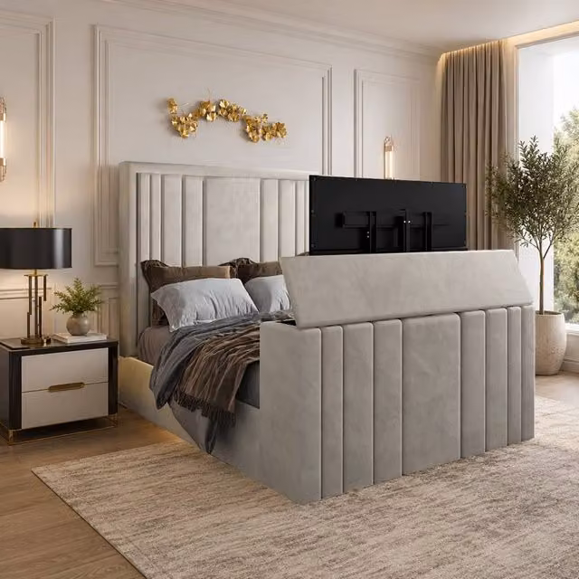 KDMD Ashburnham Bespoke Upholstered Soft Velvet TV Bed Frame in Light Sand, Single
