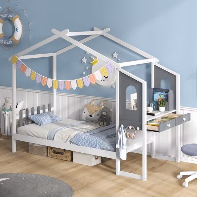 COSTWAY Montessori House Bed Frame with Desk and Drawers in White, W/D/H: 90 x 190 cm