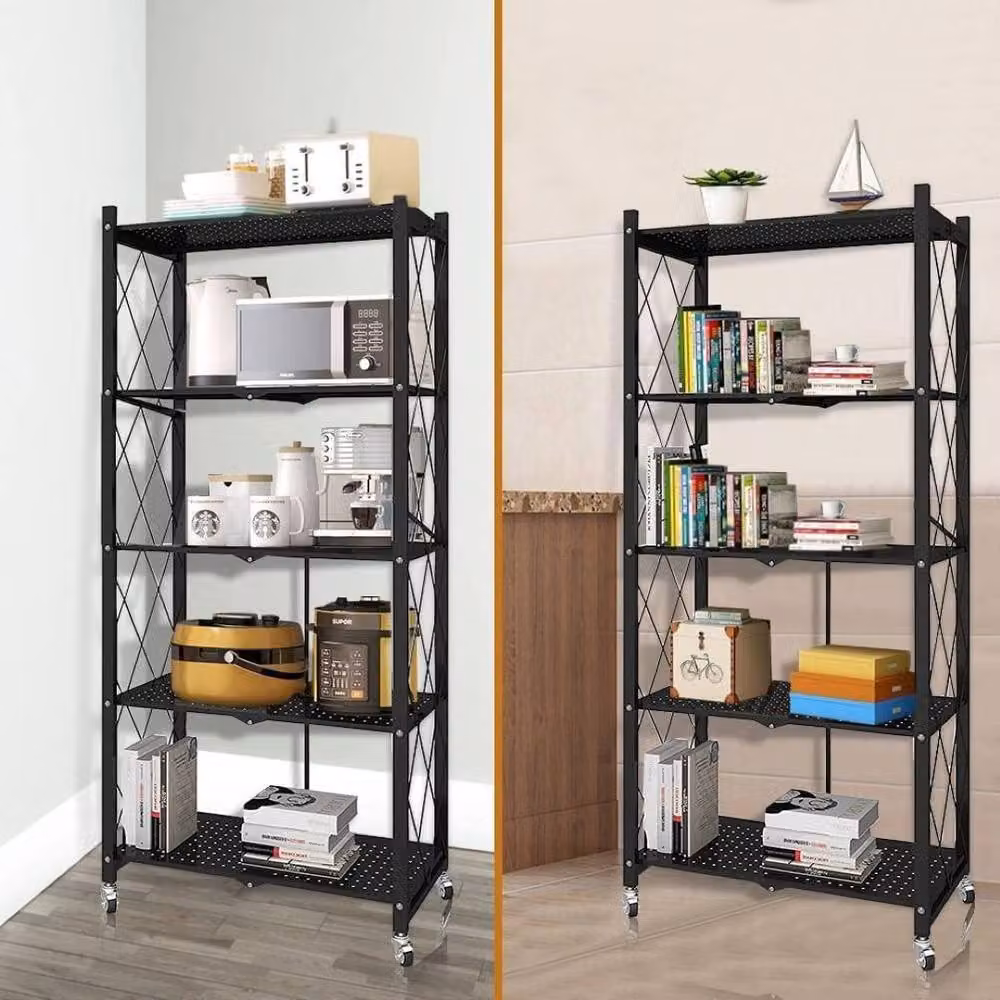 Hygrad Built to Survive 5 Tier Black Metal Multifunctional Foldable Portable Free Standing Storage Shelf Rack, W/D/H: 71.5 x 36.5 x 163 cm – 5